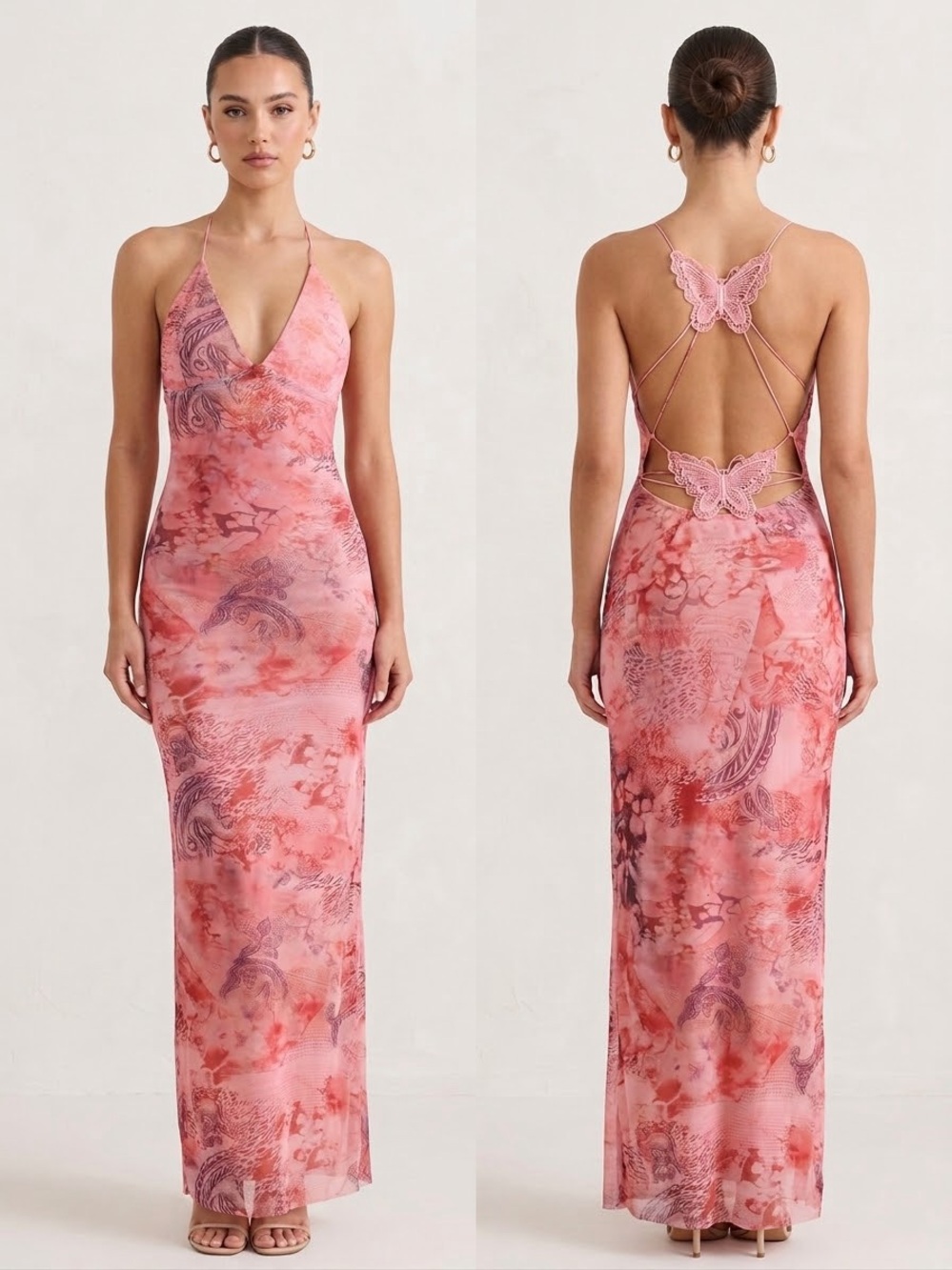 Fashion Nova Pink Marble-Print Lace-Back Slip Dress